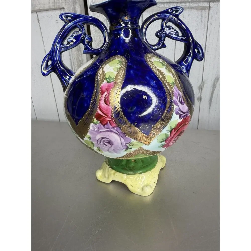 Antique Nippon Hand Paint Cobalt Blue Gold Rose Porcelain Handled Vase Urn